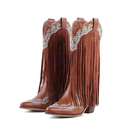 LingxiaUne Women's Cowboy Boots Fringe, Mid Calf Cowgirl Boots with Intricate Green Embroidery, Studded Details & Chunky Heel | Amazon (US)