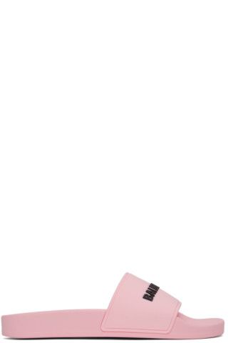 Balenciaga - Pink Logo Pool Slides | SSENSE