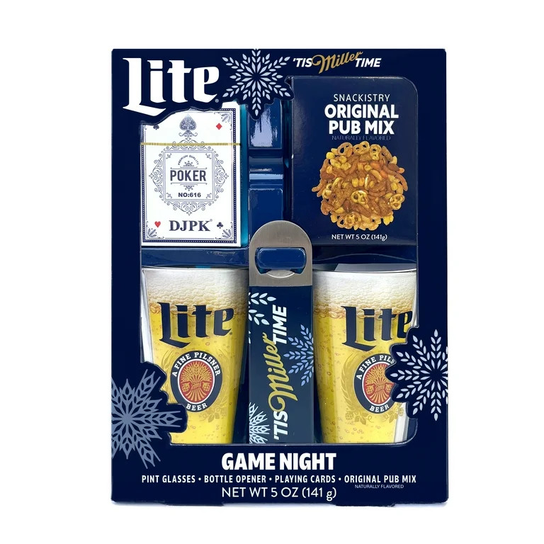 Miller Lite Game Night Set with Two Pint Glasses, Cards, Bottle Opener, and Snack Mix, 5oz | Walmart (US)