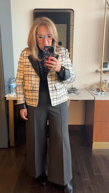 My LTKCon day 2 (morning) look! I’ve loved looking around seeing everyone’s professional looks! 

Wearing a size 2.0 regular Love the faux leather accents in the jacket and jewelry! 

Fall outfit fall workwear 

#LTKworkwear #LTKover40 #LTKCon