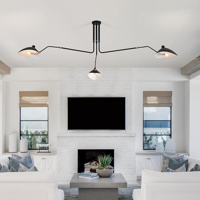 85" Mid-Century Chandelier, Matt Black Finish with Adjustable 3-Arms Large Pendant Lighting Fixtu... | Amazon (US)