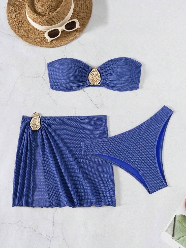 3pcs Fashionable Sexy Solid Color Bikini Set, Brown Swimsuit, Suitable For Summer Beach Wear, Women's Spaghetti Strap Bra And Bikini Bottom Set | SHEIN