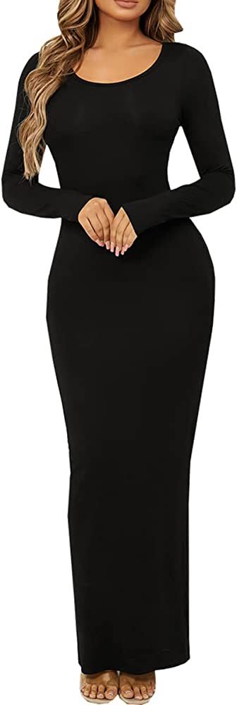 Yajedo Womens Long Sleeve Bodycon Scoop Neck Maxi Dress Casual Long Dress | Amazon (US)