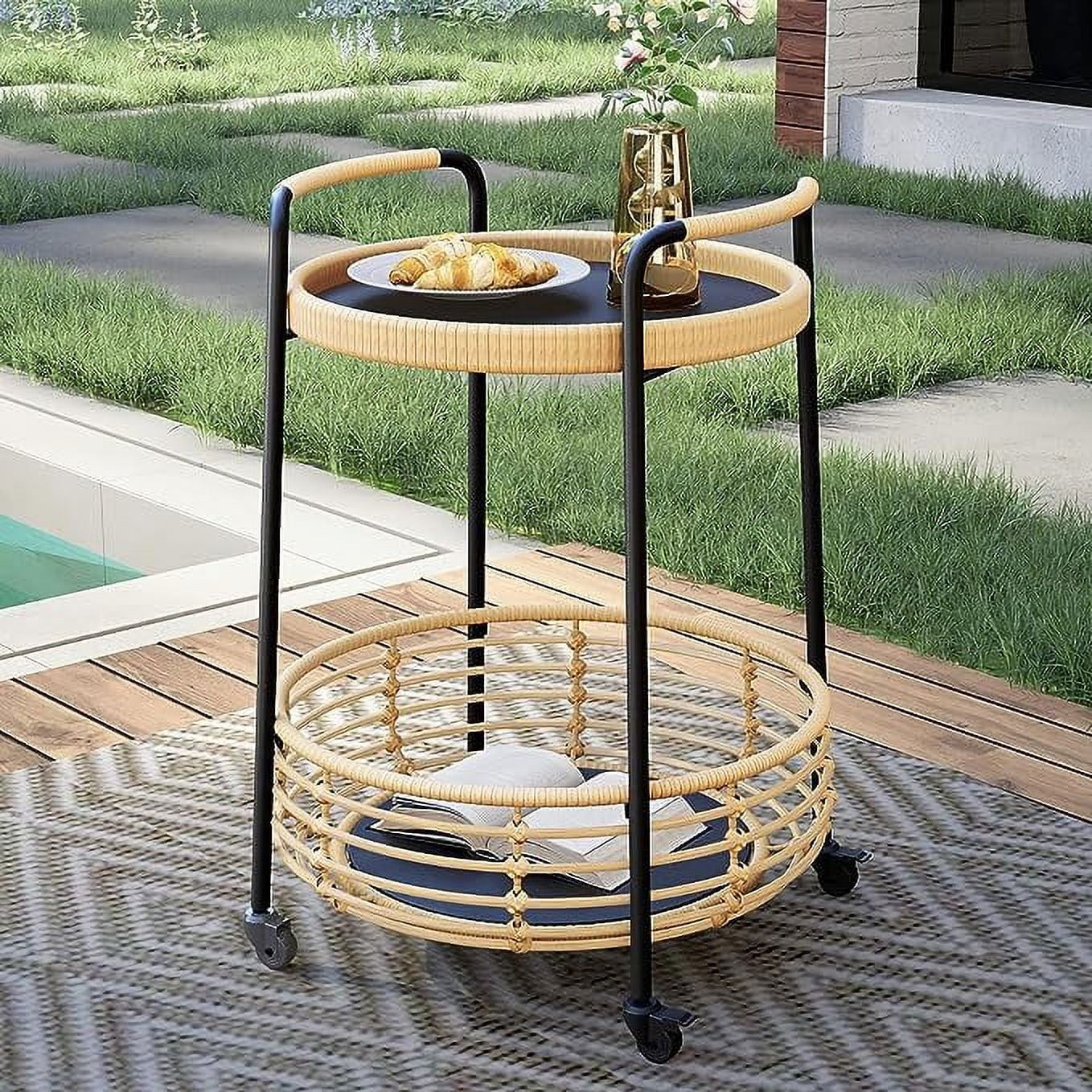 Grand Patio Rolling Outdoor Side Table, All-Weather Wicker 2-Tier Storage Side Table with Wheels,... | Walmart (US)