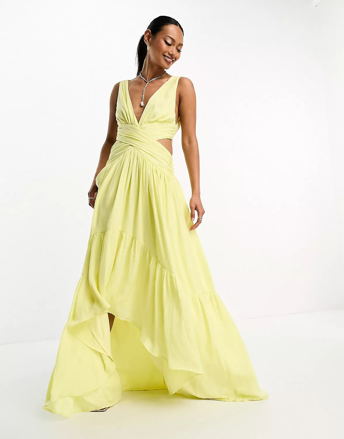 ASOS DESIGN  satin wrap maxi dress with hi low hem in lemon yellow | ASOS (Global)