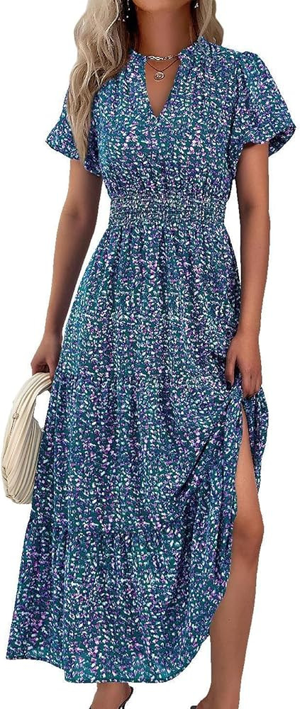 MASCOMODA Summer Maxi Dress for Women 2024 Casual V Neck Puff Short Sleeve Smocked Ruffle Flowy B... | Amazon (US)