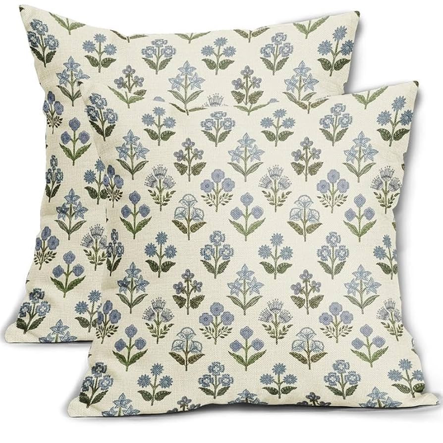Blue Green Block Print Pillow Covers 18x18 Inch Set of 2, Vintage Floral Spring Decorative Throw ... | Amazon (US)