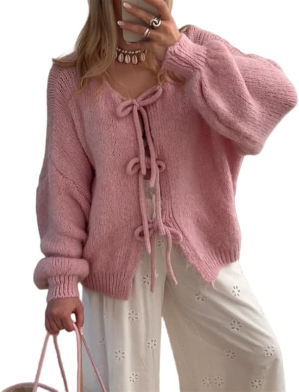 Women Y2k Tie Front Knitted Cardigan Sweater Long Sleeve Open Front Oversized Cardigan Knitwear T... | Amazon (US)
