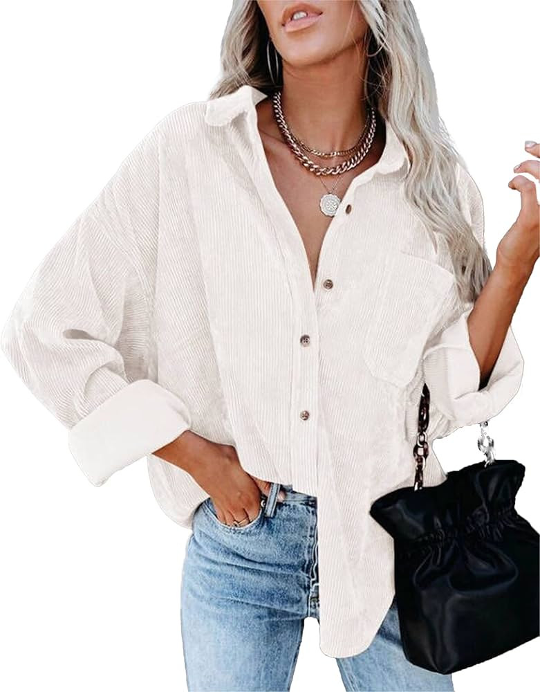 TOTREND Womens Casual Solid Button Down Flannel Shirt Long Sleeve Shackets Jacket Coat Tops (Whit... | Amazon (US)