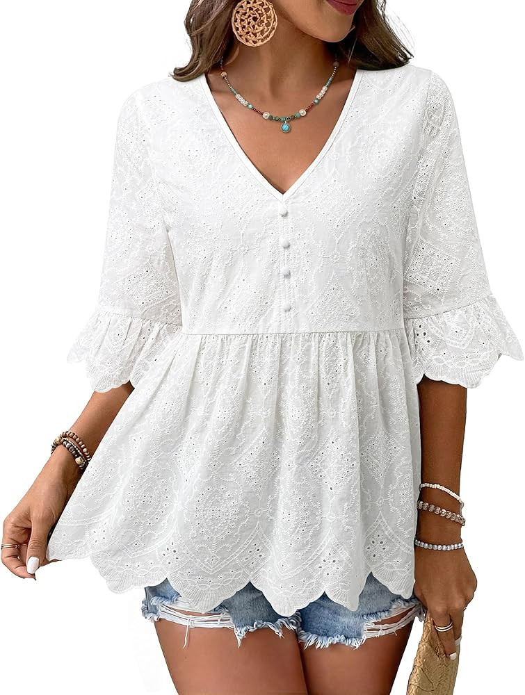 Messic Womens Summer Boho Tops V Neck Ruffle Sleeve Babydoll Blouses Eyelet Embroidered Shirts Va... | Amazon (US)