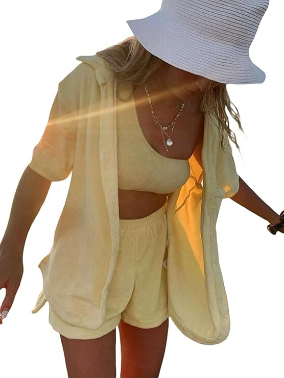 Women Short Sleeve Collar Button Down Shorts Two Piece Set Casual Cardigan Shorts Outfits Loose F... | Amazon (US)