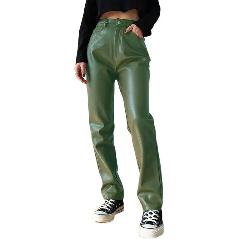 Gwiyeopda Women Faux Leather Straight Leg Pants with Pockets High Waist Work Casual Pants | Walmart (US)