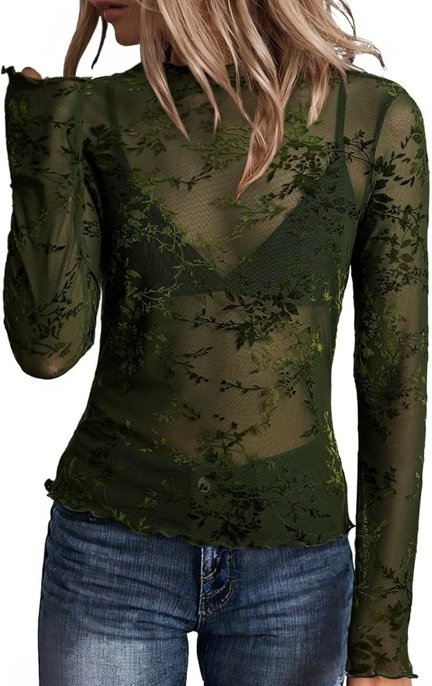 Dokotoo Women's Velvet Floral Embroidery Mesh Tops Gradient 2026 Long Sleeve Lace Shirt | Amazon (US)