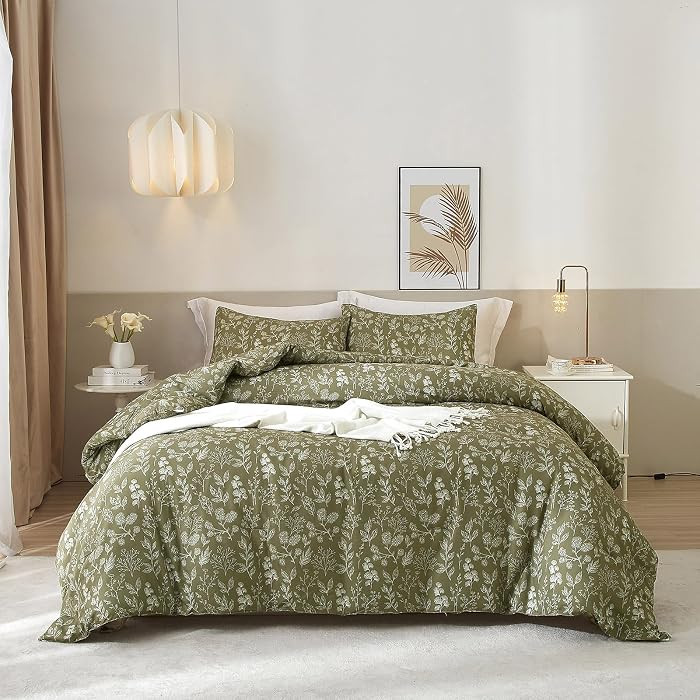 Fresh Botanical Floral Comforter Set Queen Dark Olive Green Soft Microfiber Chic Cute Garden Flor... | Amazon (US)