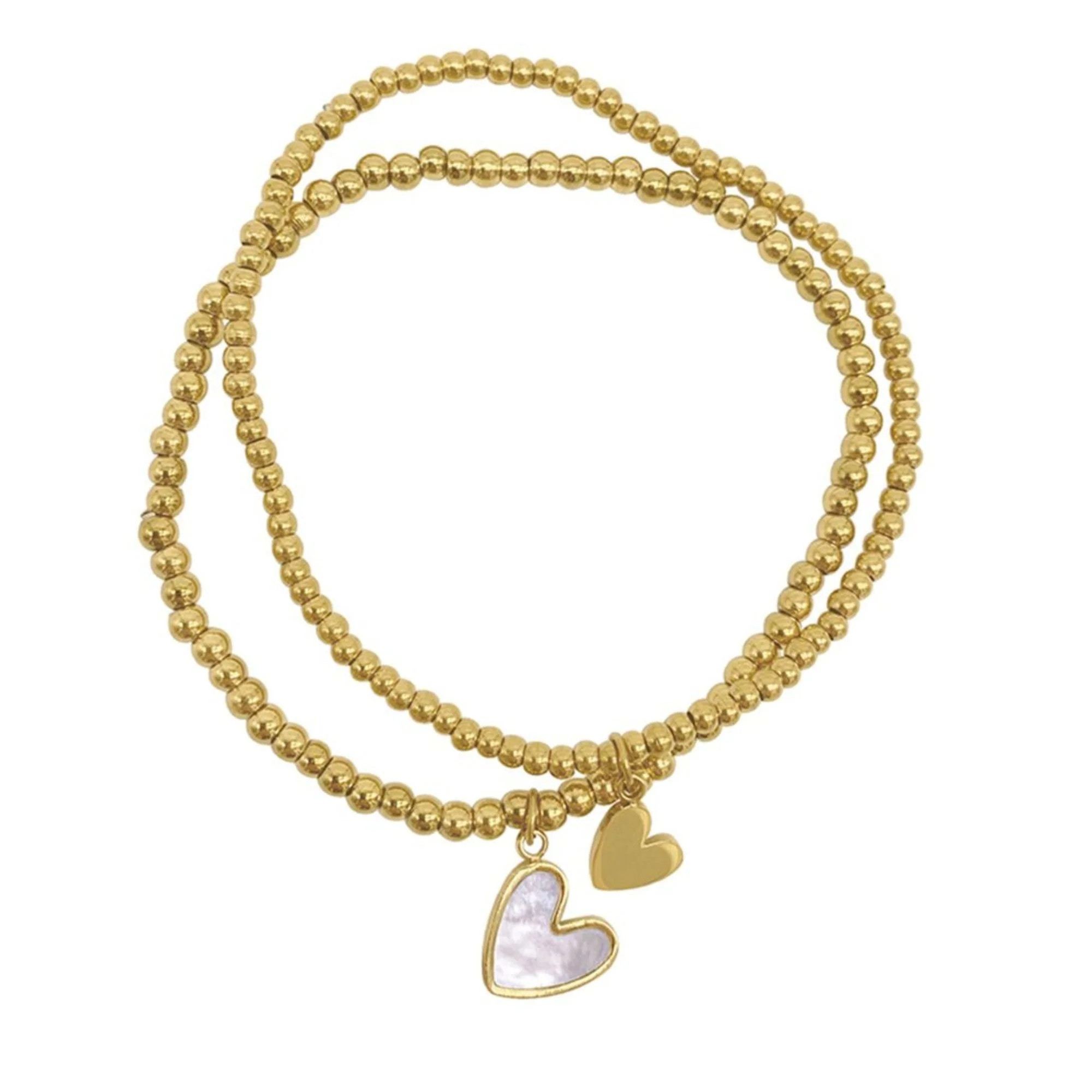 Tarnish Resistant 14k Gold Plated Set of Heart Ball Bracelets with Mother-of-Pearl | Shop Simon