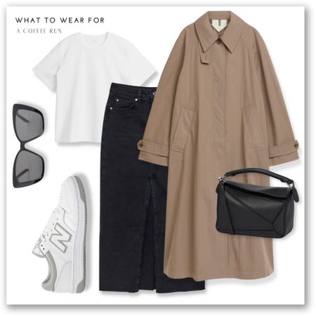 An casual spring day look 👟 pairing a black denim midi skirt with new balance trainers, a classic white t shirt, beige trench coat & black accessories 🕶️ 

#LTKSeasonal #LTKeurope #LTKstyletip