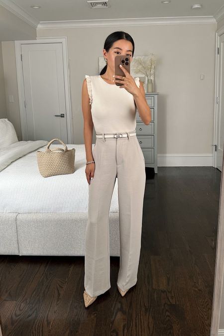 I have (also linked) the pleated version of these pants and love them! See them on me by tapping on my Abercrombie collection within LTK. However I wanted to try on the flat front version to show, for those who don’t like pleats. 

•Crepe wide leg pant 25 short - I have a 25” waist, and sized up to a 25 / Short in these. Same fabric as their premium crepe pants, substantial weight, not thin, and drapes fluidly.

•Ann Taylor ruffle sweater shell xxs petite 

•Ann Taylor woven sling backs sz 5

•Edited Pieces belt xxs (EditedPieces.com)

•Naghedi tote mini ecru

#petite workwear, business casual summer corporate office outfit 

#LTKworkwear #LTKFind #LTKunder50