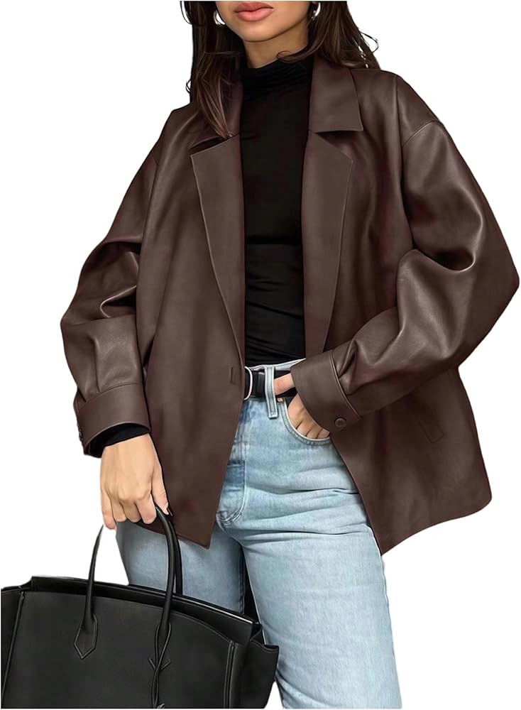 SHENHE Women's Faux Leather Lapel Collar Blazer Open Front Oversized Business Work Jacket Blazer | Amazon (US)