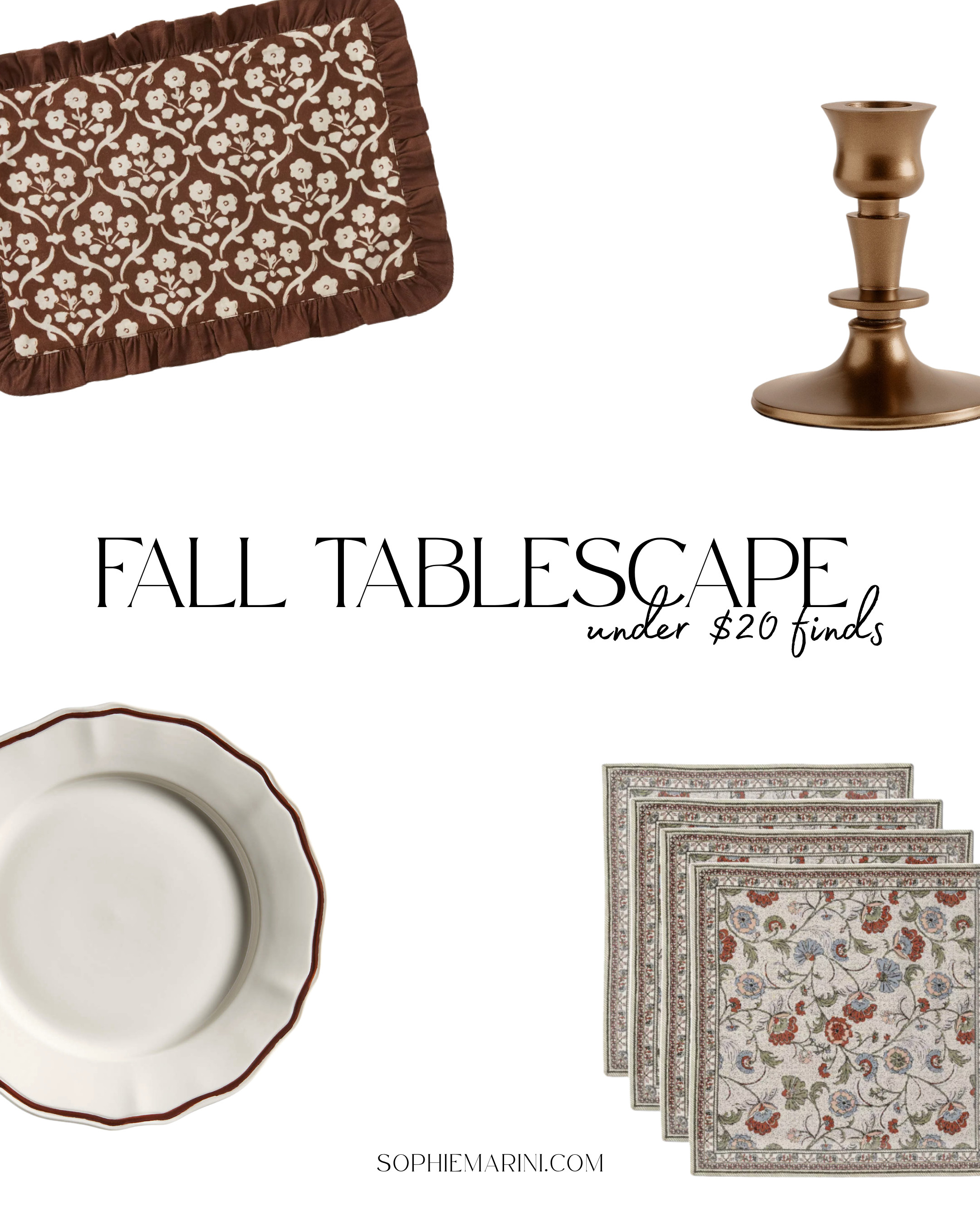 Fall tablescape: under $25 finds 
[Ruffled Edge Brown Flower Placemat, Biltmore by Mikasa Brown Fall Toile Serving Platter, Floral Napkins, Stoneware Dinner Plate, plum Stemless Wine Glass, antique bronze Candle Holders, Acacia Wood Serving Bowl] 

 #LTKSeasonal #LTKHome #LTKFindsUnder50