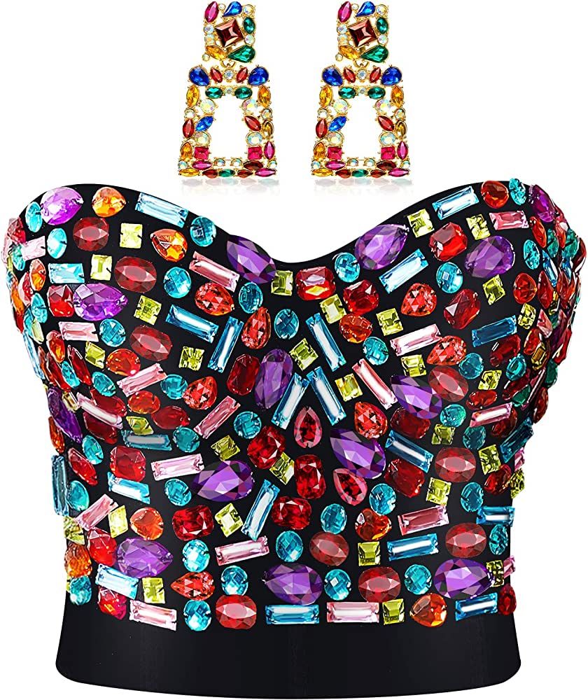 Rhinestone Push up Bra Clubwear Colorful Beaded Bustier Crop Top Bra Crystal Rectangle Dangle Ear... | Amazon (US)