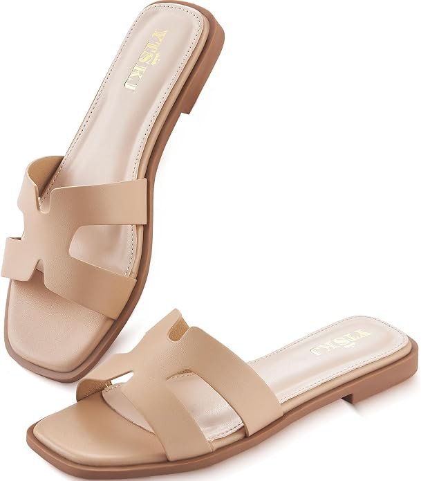 Sandals for Women 2026 Dressy Slides Flat Open Toe Comfortable Soft Leather Slip On Ladies Casual... | Amazon (US)