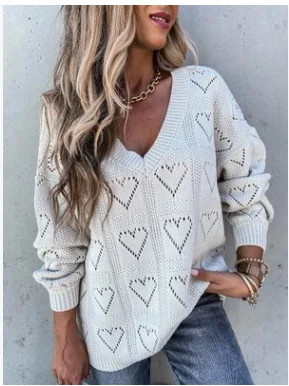 Puloru Women V Neck Long Sleeve Hollow Out Heart Shape Ribbed Knitted Sweaters | Walmart (US)