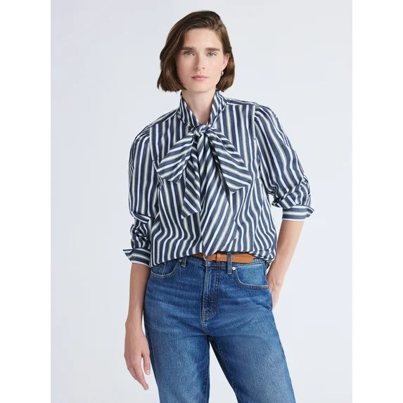 Free Assembly Women's Cotton Tie Neck Blouse with Long Puff Sleeves, Sizes XS-XXL | Walmart (US)