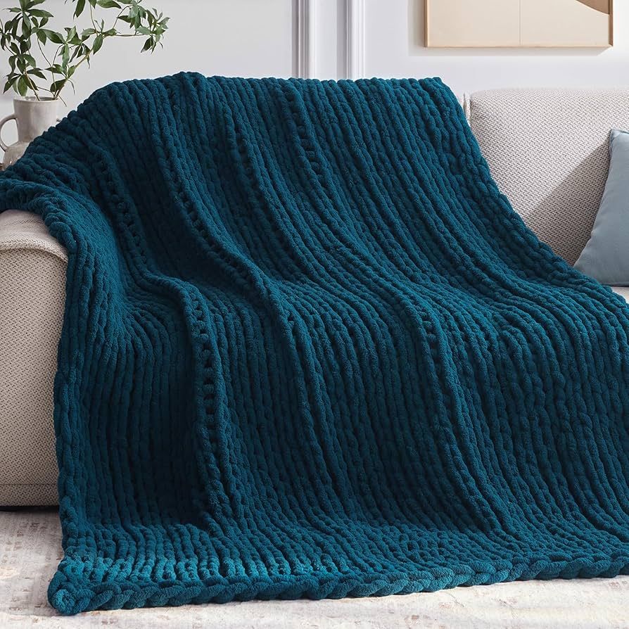 Chunky Knit Throw Blanket, 50''*60'' Knitted Throw Blankets for Bed Couch, Handmade Thick Peacock... | Amazon (US)