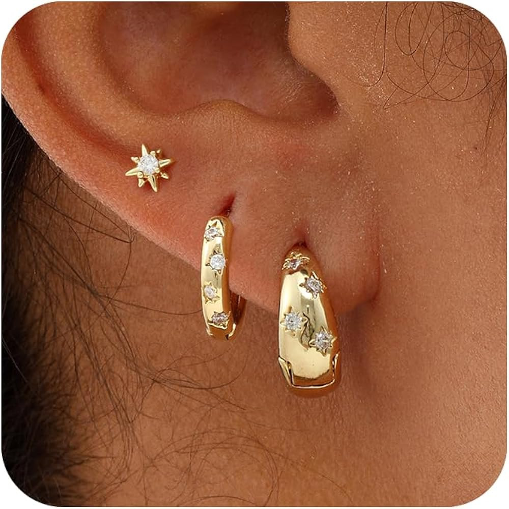 3 Pairs 14K Gold/Sterling Silver Plated Earrings Stack Set for Women - Dainty Huggie Hoop Stud Ea... | Amazon (US)