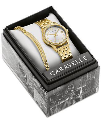 Caravelle Women's Crystal Gold-Tone Stainless Steel Bracelet Watch 32mm Gift Set - Macy's | Macy's