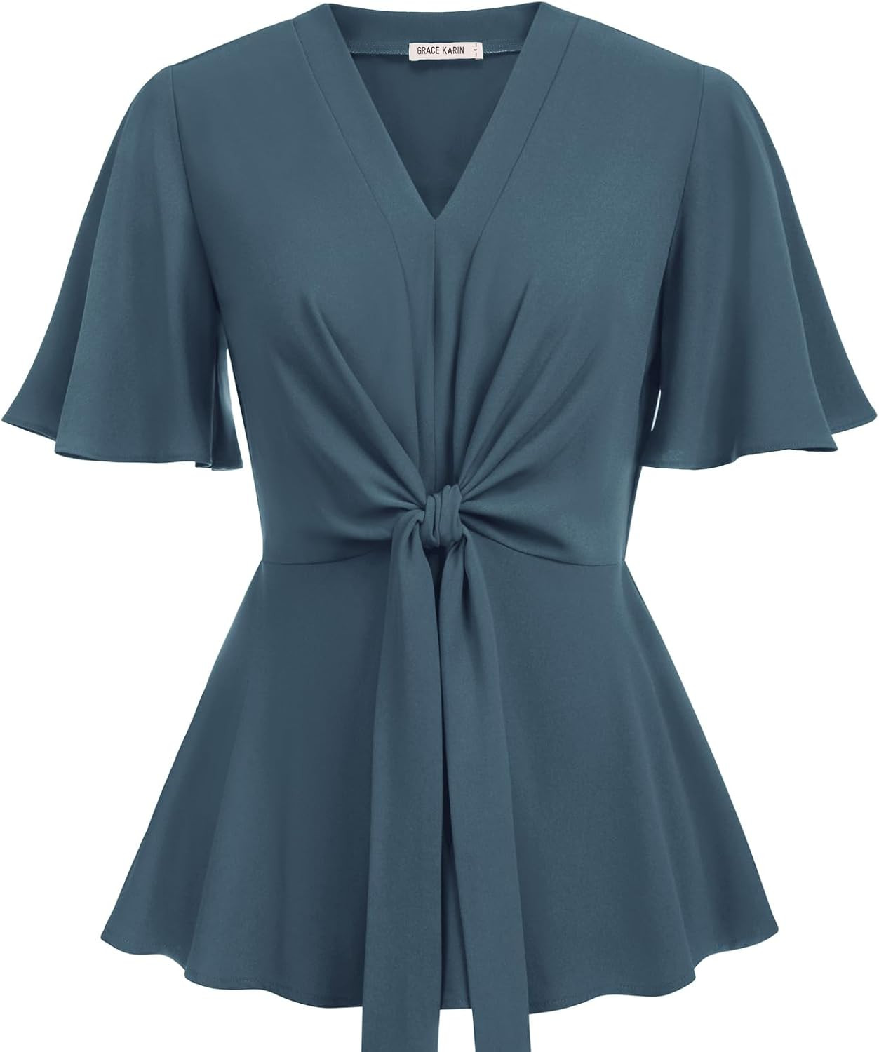 GRACE KARIN Women's Elegant V-Neck Tie Waist Flowy Peplum Shirt Tops | Amazon (US)