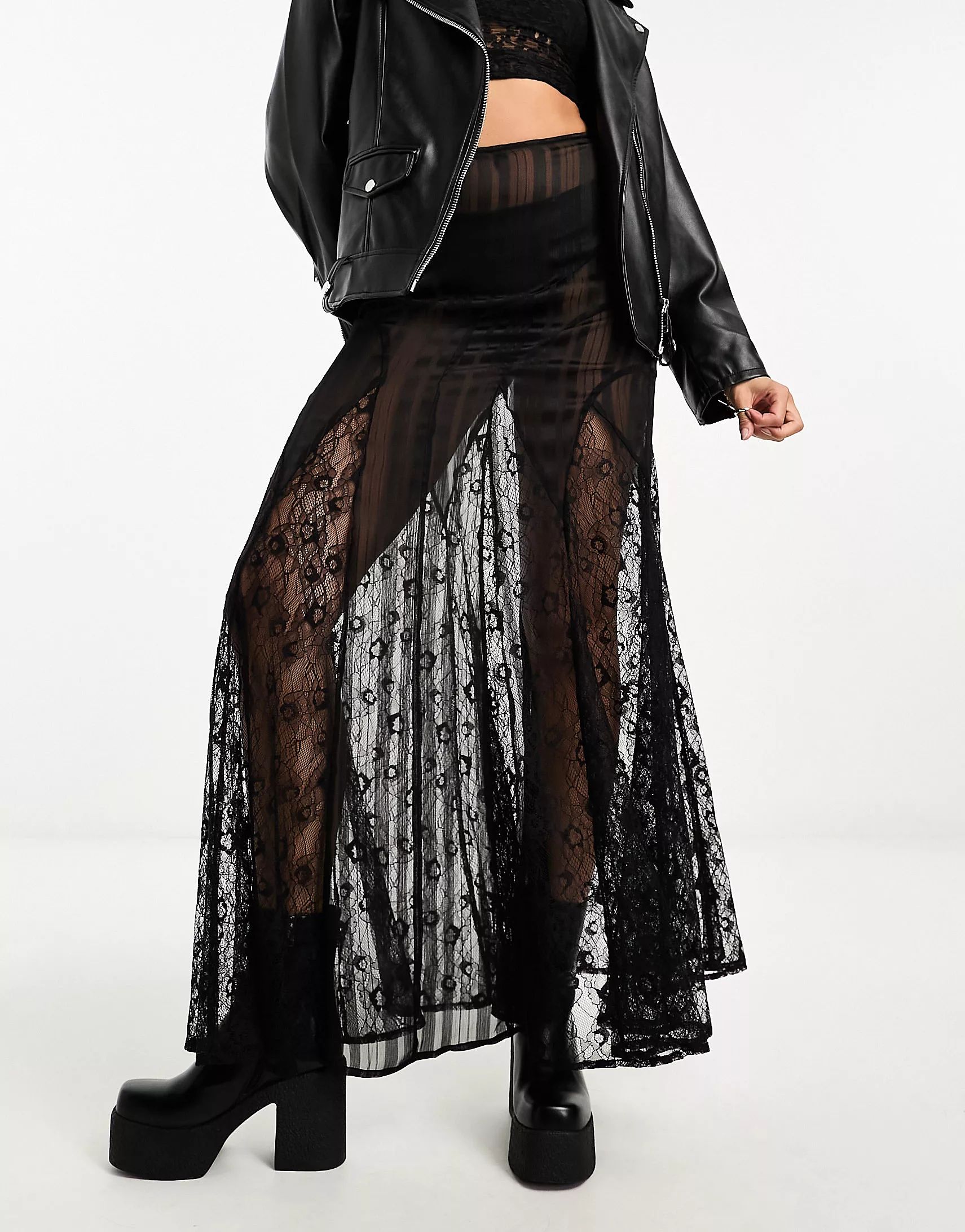 ASOS DESIGN sheer maxi skirt with lace inserts in black | ASOS (Global)