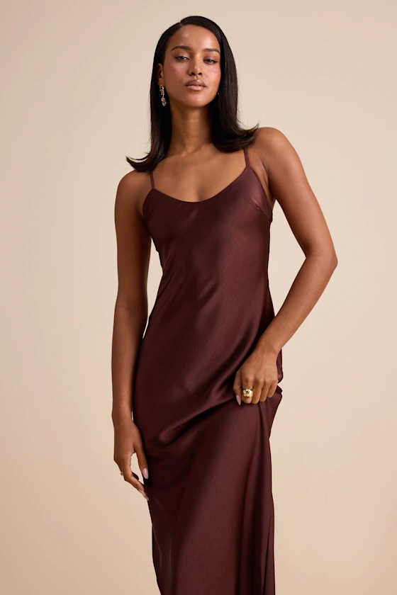 Janet Brown Satin Slip Maxi Dress | Lulus