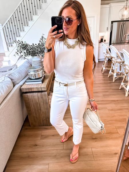 All white outfits, summer outfits vacation outfit says large tank and size 10 white jeans

#LTKmidsize #LTKfindsunder100