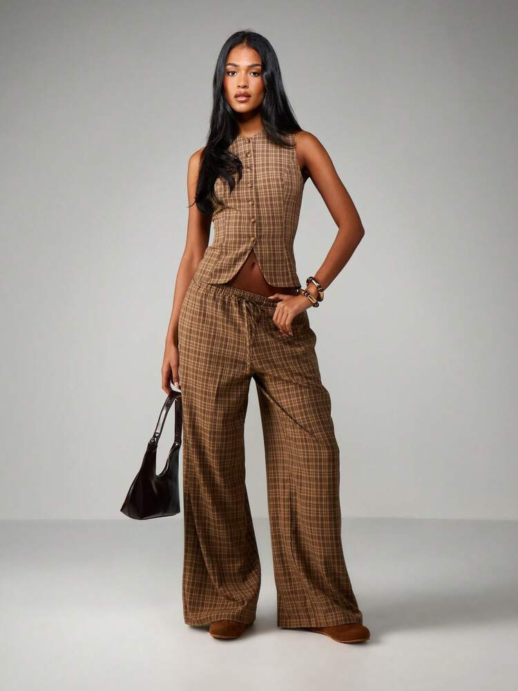 MISSGUIDED Plaid Two Piece Coordinated Set Button Front Vest With Wide Leg Palazzo Pants Fall Business Casual Outfit | SHEIN