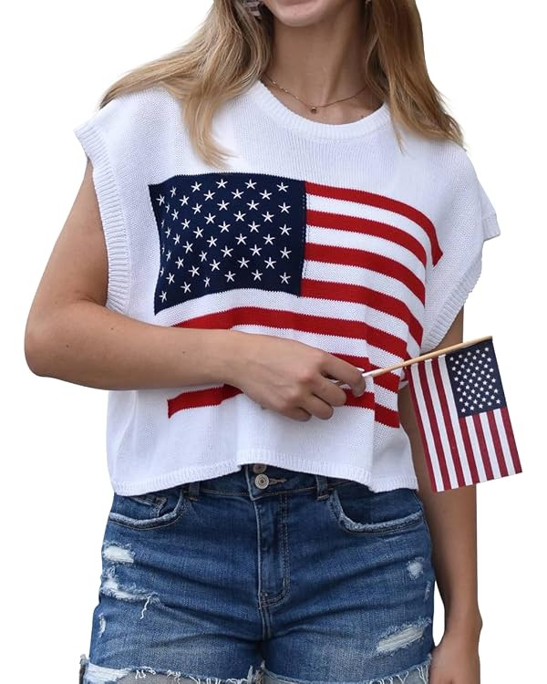 Womens American Flag Sweater Cap Sleeve Summer Crop Tops Crew Neck Loose Fit Knit Sweater Pullove... | Amazon (US)