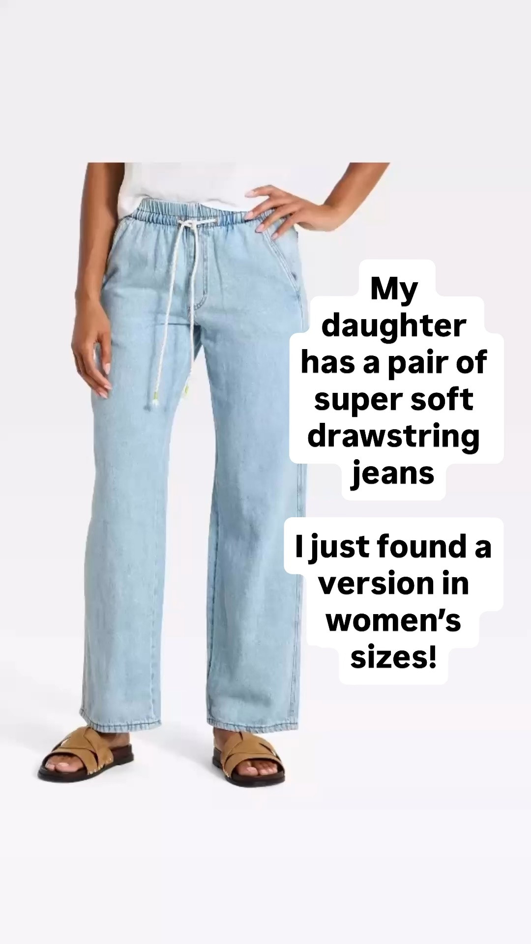 The only jeans my youngest daughter will wear are soft drawstring ones (all the others are way too stiff), and now I found a version in women’s sizes (XS-4X)! I might have to get a pair for myself!