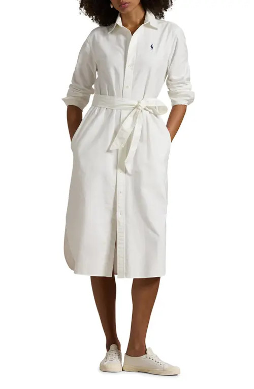 Polo Ralph Lauren Belted Long Sleeve Cotton Oxford Shirtdress in White at Nordstrom, Size 10 | Nordstrom