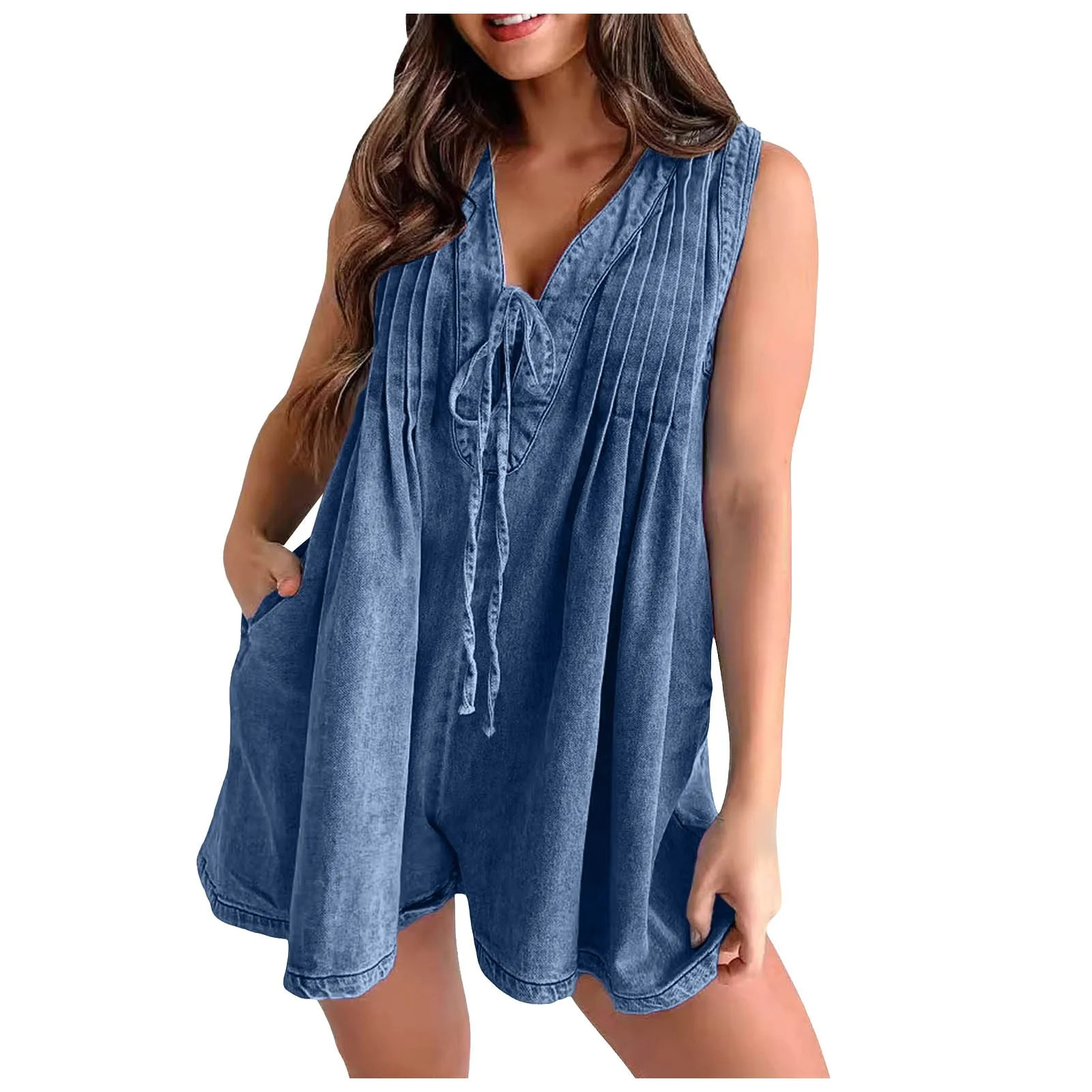 Denim Overalls For Women Denim Jumpsuits For Women Casual Sleeveless Tie Front Denim Romper Overa... | Walmart (US)