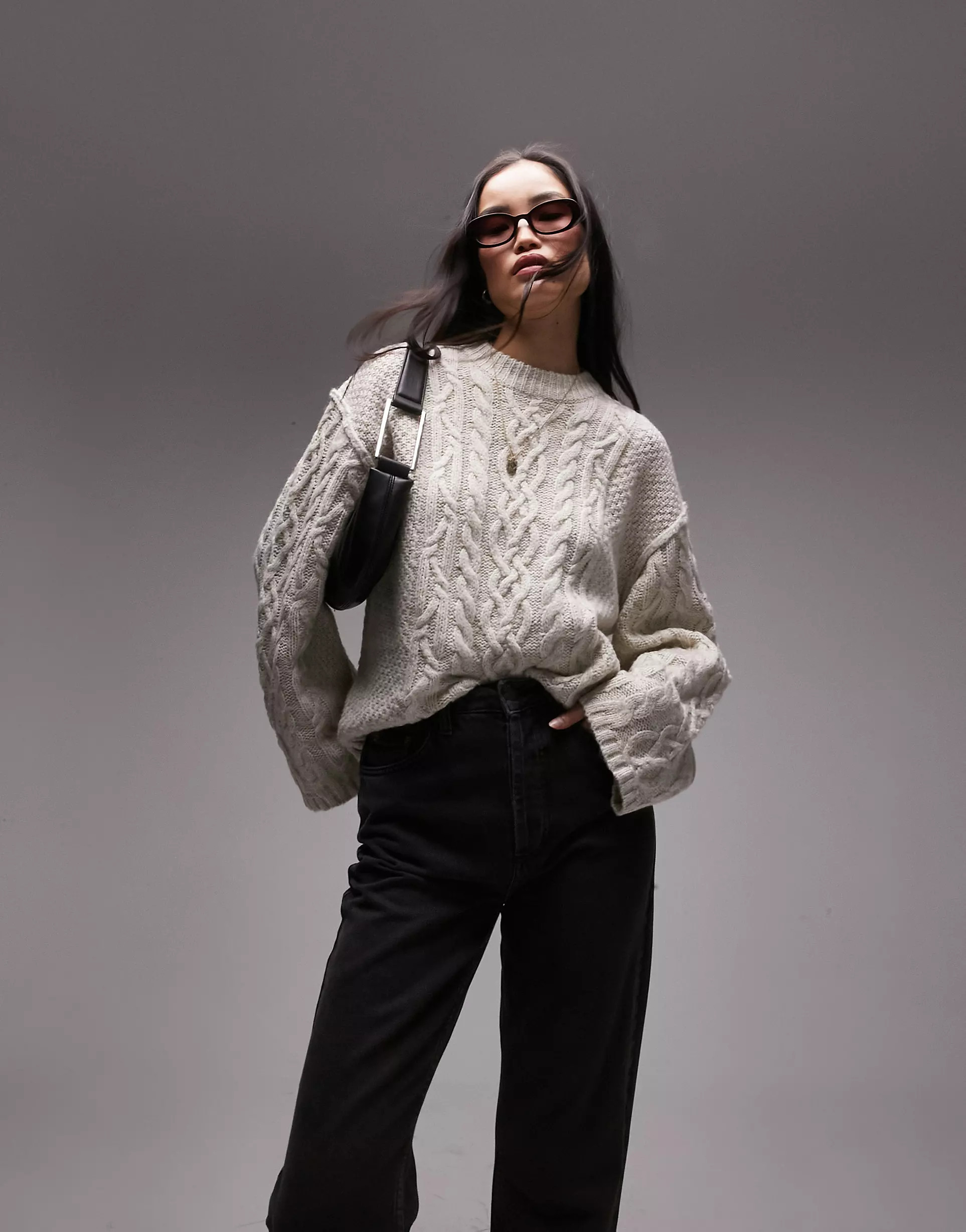 Topshop knitted drop shoulder cable detail sweater in oat | ASOS (Global)