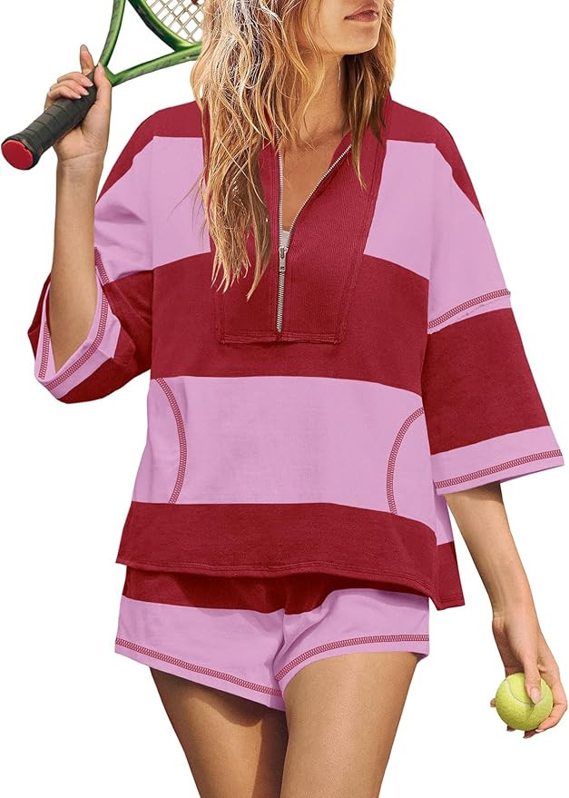 Yanekop Womens 2 Piece Outfits Summer Striped Lounge Set Two Piece Matching Workout Sets Oversize... | Amazon (US)