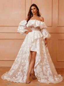 SHEIN Belle Jacquard Puff Sleeve Off Shoulder Mesh Spliced High Low Wedding Dress | SHEIN