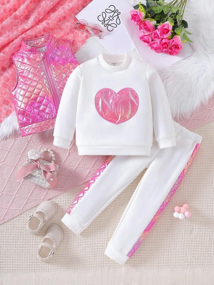 SHEIN Kids HYPEME Kids' Love Heart Patterned Sweatshirt, Sweatpants And Sleeveless Vest Set With ... | SHEIN