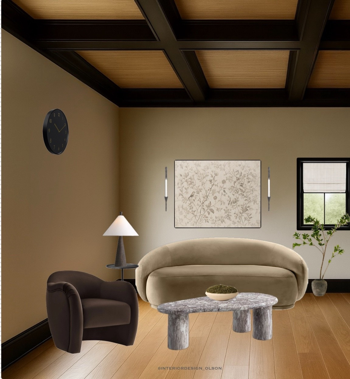 Every office needs a spot to step away from the desk. This cozy conversation nook is layered with plush seating, sculptural side chairs, and a statement stone coffee table. Across the room, the executive desk with filing cabinets makes sure function is never sacrificed for style.

Design details:
	•	Neutral curved sofa
	•	Sculptural stone coffee table
	•	Desk with filing cabinets for storage + function

Designed to be as functional as it is cozy a retreat within the office.