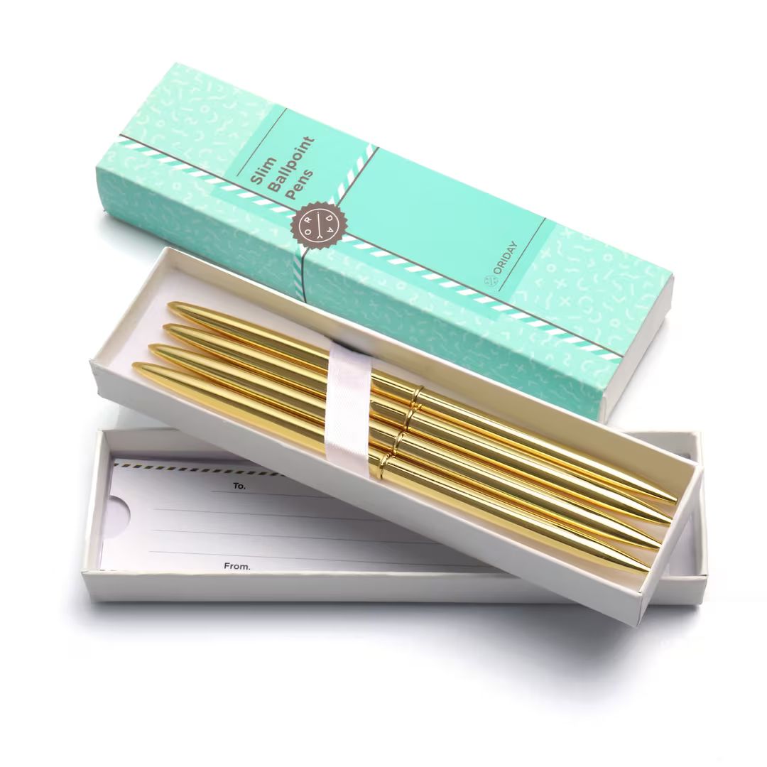 Slim Ballpoint Pen Set of 4, Metal Ball Point Pen In A Gift Box for Women, Home Office Decor - Go... | Etsy (US)