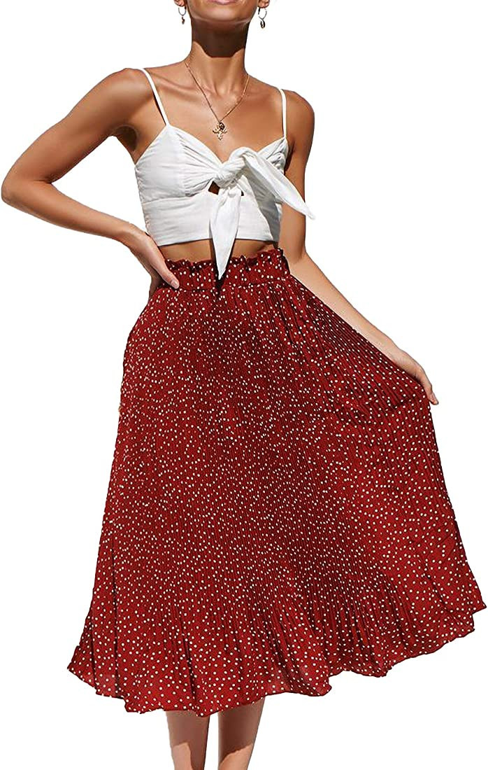 Relipop Women's Flared Skirt High Elastic Waist Polka Dot Pleated Ruffle Hem Midi Vintage Skirts | Amazon (US)