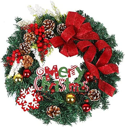 Merry Christmas Wreath for Front Door, Heflashor 17.5'' Xmas Wreath with Red Berries Wreath Wintry P | Amazon (US)