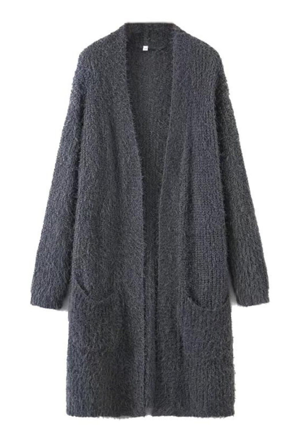 'SHELBIE' GREY FUZZY KNIT LONG OPEN CARDIGAN | Goodnight Macaroon