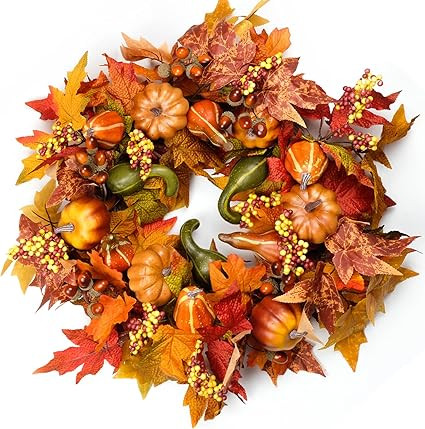 HomeKaren Fall Wreaths for Front Door 22 inch, Fall Door Wreath with Pumpkin, Maple Leaves Autumn... | Amazon (US)
