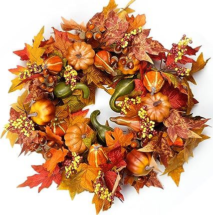 HomeKaren Fall Wreaths for Front Door 22 inch, Fall Door Wreath with Pumpkin, Maple Leaves Autumn... | Amazon (US)